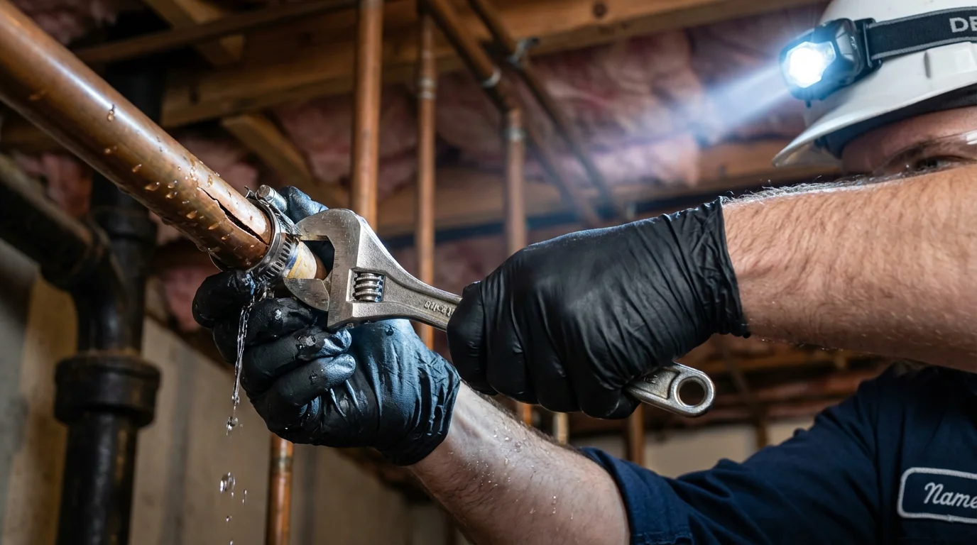 Emergency pipe clamp repair being performed by a Johns Plumbing LLC plumber in Vidalia