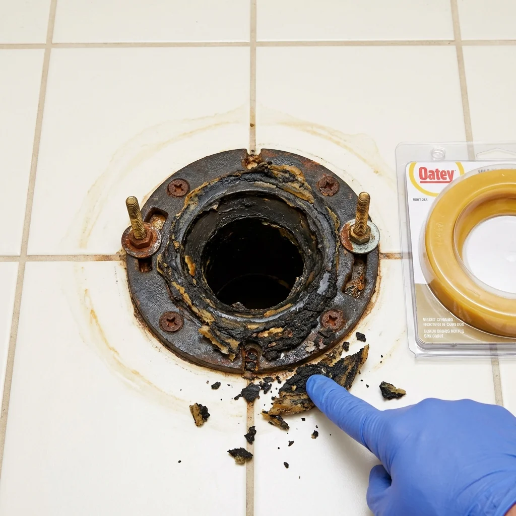 Failed wax ring showing water seepage at the base of a toilet in a Vidalia, LA home