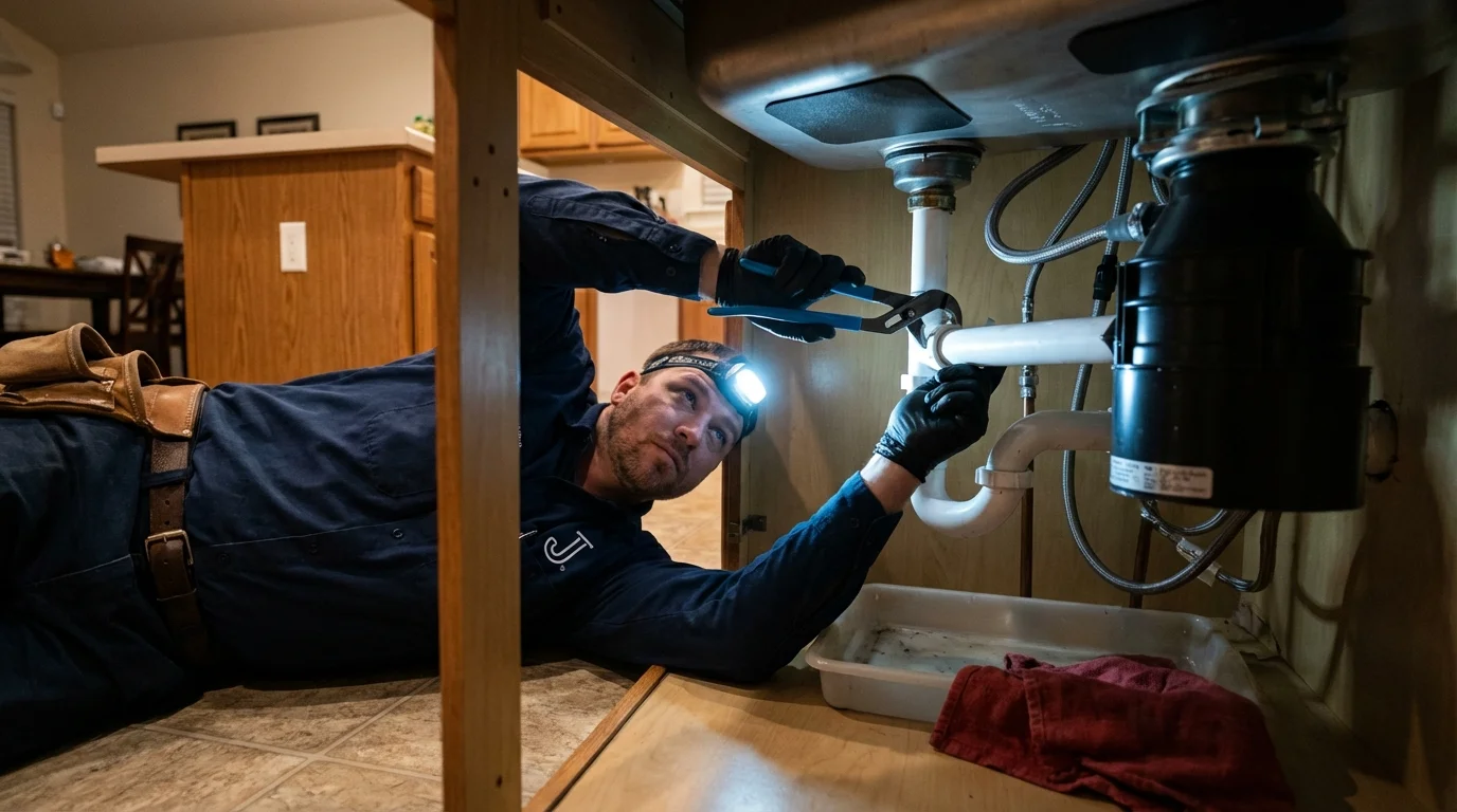 P-trap and supply line connections under a kitchen sink showing a common leak point in Vidalia, LA